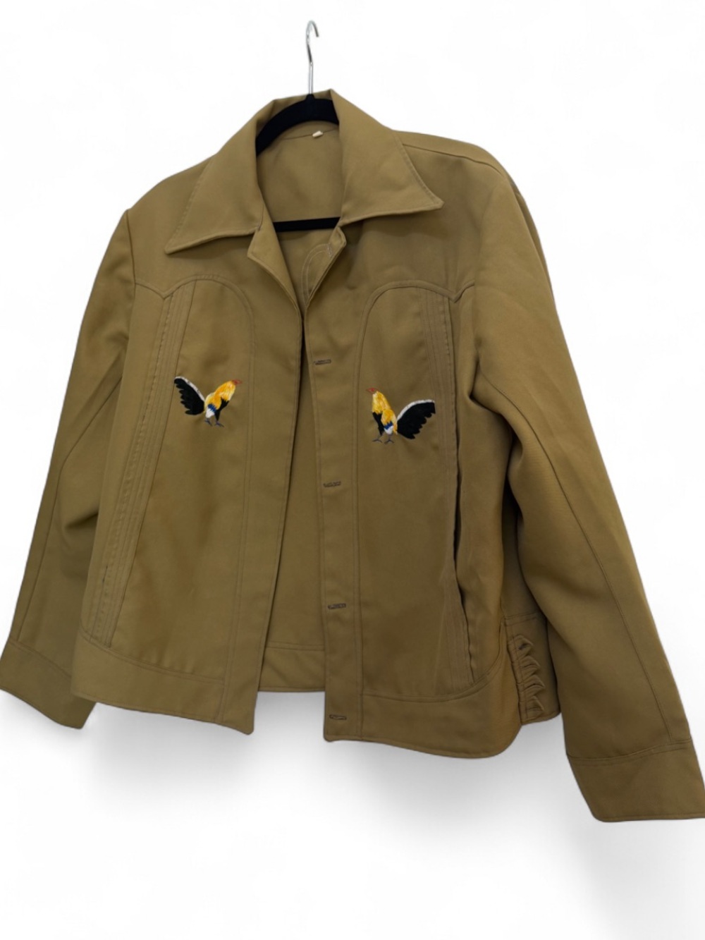 **Unfinished!** Vintage 70s Dagger Collar Embroidered Roosters Polyester Jacket